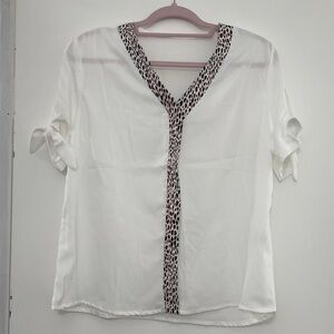 Elegant White Blouse with Animal Print Trim